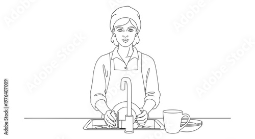 A woman with a headscarf and apron is diligently washing dishes at a kitchen sink, performing a household chore.
