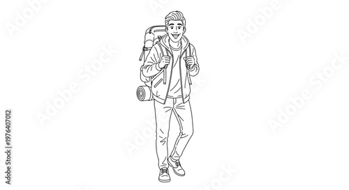 A cheerful young man with a large backpack is happily walking forward, ready for an adventure or journey.