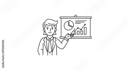 A confident young businessman is pointing to a presentation board with charts and graphs, explaining financial data.