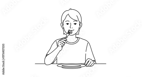 A young woman is depicted politely eating a meal with a fork and an empty plate in front of her, savoring a bite.