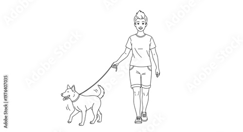 A happy young woman is cheerfully walking her dog on a leash, enjoying an outdoor stroll together.