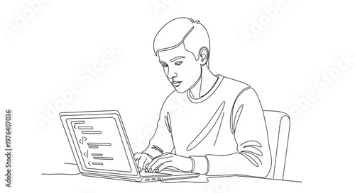 A focused young man diligently works on his laptop computer, engaging with code or text on the screen in a concentrated environment.