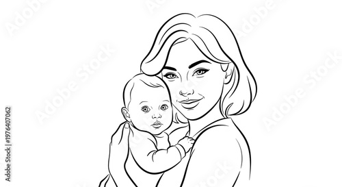 A loving mother gently holds her infant baby close, both looking forward with a tender and happy expression on their faces.