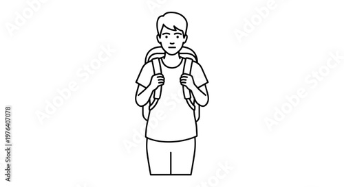 A young man stands upright and confident, wearing a backpack on his shoulders, ready for travel, school, or adventure.