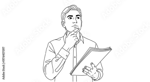 A thoughtful man in a professional setting holding papers, considering new ideas or solutions for an upcoming project.