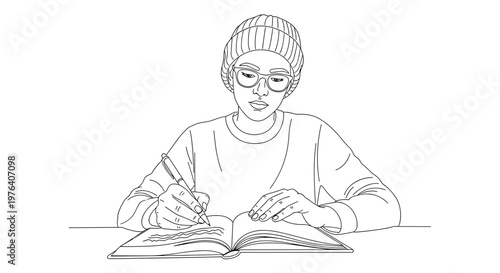 A young person wearing a beanie and glasses, deeply engrossed in writing or studying a book with focused concentration.