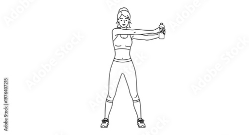 A strong and active woman performs an exercise, holding a water bottle, demonstrating fitness and hydration.