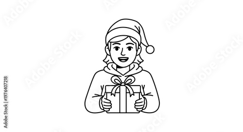 A cheerful young girl wearing a festive Santa hat happily holds a wrapped gift box, ready for Christmas celebrations and holiday joy.