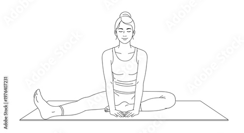 A focused woman with her hair in a bun performs a seated wide-legged yoga pose on a mat, demonstrating flexibility, mindfulness, and exercise.