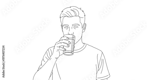 A man with short hair is seen drinking water from a clear glass, focusing on hydration and refreshment in this simple line art drawing.