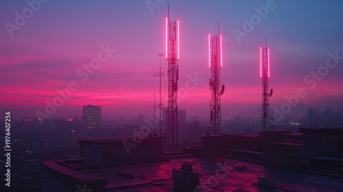 Rooftop 5G towers emitting neon signal beams