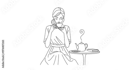 A woman gracefully sips tea from a cup, enjoying a peaceful moment of relaxation and a warm beverage with a teapot nearby.