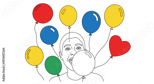 A person happily blows a large bubble gum bubble, surrounded by colorful balloons, symbolizing celebration, joy, and childlike fun.
