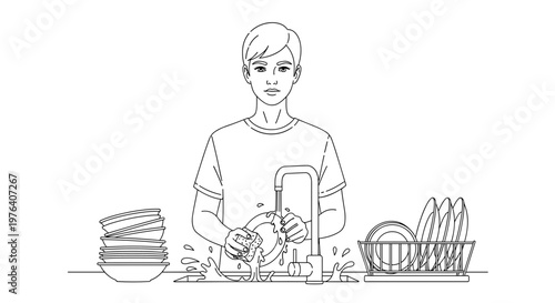 A serious young man stands at a kitchen sink, meticulously washing dishes by hand, demonstrating household chores and responsibility.