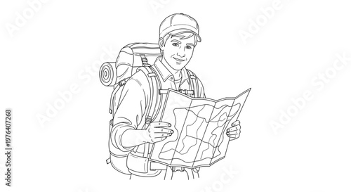 A cheerful man wearing a backpack and cap eagerly consults a map, planning his route for a hiking or travel adventure.