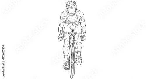 A determined male cyclist in a tight-fitting uniform is shown riding a road bike from a direct front-facing perspective, demonstrating focus.