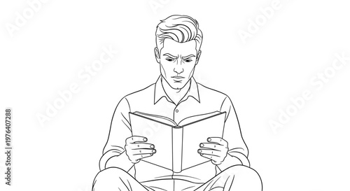A thoughtful man with styled hair is engrossed in reading an open book, sitting comfortably in quiet contemplation.