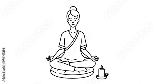 A serene woman with her hair in a bun sits in a meditative lotus position on a cushion, with a lit candle beside her.
