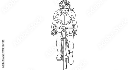 A determined female cyclist wearing a helmet and full cycling gear rides her road bicycle with focused intensity, viewed from the front.