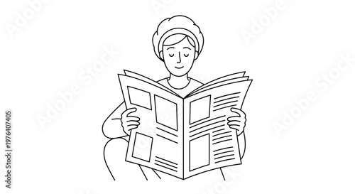 A person comfortably seated and engrossed in reading a broadsheet newspaper, holding it open to browse the headlines and articles.