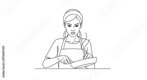 A focused woman wearing an apron is actively cooking or stirring ingredients in a frying pan, preparing a meal in the kitchen.
