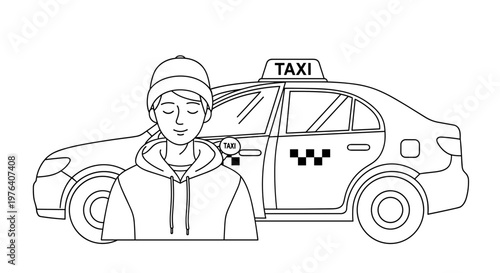 A young person wearing a casual hoodie and beanie stands calmly in front of a classic taxi cab, possibly waiting for a ride.