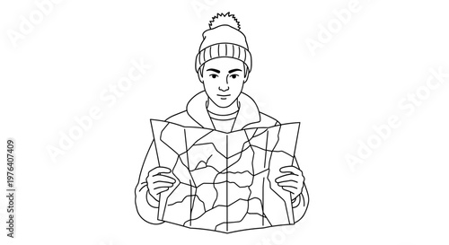 A focused person wearing a warm winter hat and puffer jacket intently studying a folded map to navigate their outdoor journey or adventure.