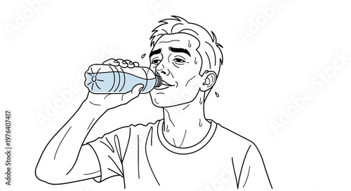 A thirsty and sweaty man takes a refreshing gulp of water from a plastic bottle after an intense workout or physical activity.