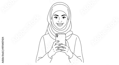A cheerful Muslim woman wearing a hijab smiles warmly while holding and looking at a modern smartphone, engaging with social media.