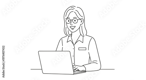 A professional and friendly woman wearing glasses smiles brightly while productively working on her laptop computer at a desk or workstation.