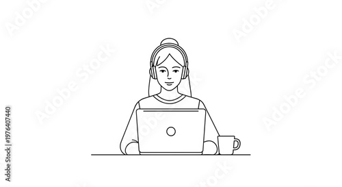 A focused woman with her hair neatly tied in a bun is concentrating intently on her laptop, with a warm beverage mug nearby.