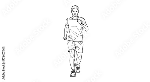 A fit and active man is enthusiastically running or jogging forward, promoting a healthy lifestyle and athletic pursuit outdoors.