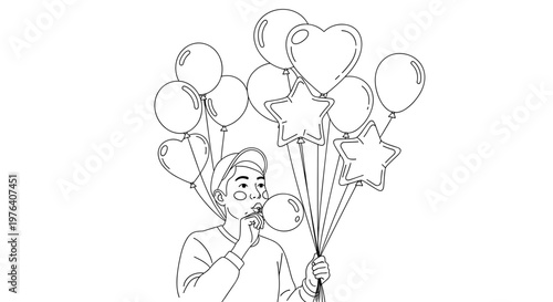 A joyful man is enthusiastically blowing a party blower while holding a festive bouquet of balloons, celebrating a special occasion.