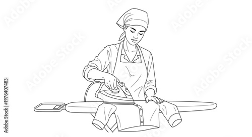 A diligent woman wearing an apron and headscarf is carefully ironing a piece of clothing on an ironing board, performing a household chore.