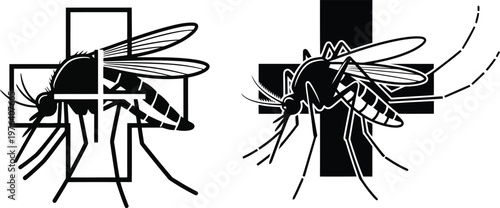 A black and white graphic illustration of a mosquito superimposed on a medical cross symbol, representing disease and health risks.