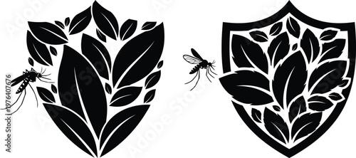 Natural mosquito repellent concept logo featuring a shield with leaves and an insect