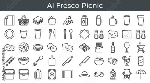 Al fresco dining setup featuring ground covering blanket, woven carrying basket, prepared sandwiches, fresh fruit items, garden