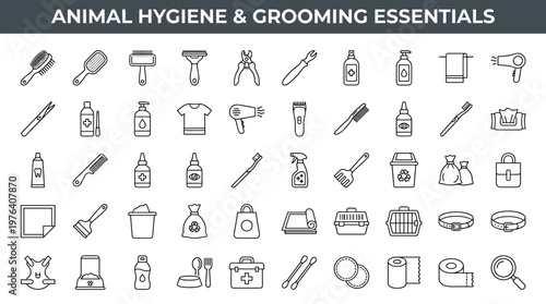 Animal hygiene essentials featuring coat cleaning brush, detangling brush, fur comb unit, shedding removal tool, claw trimming