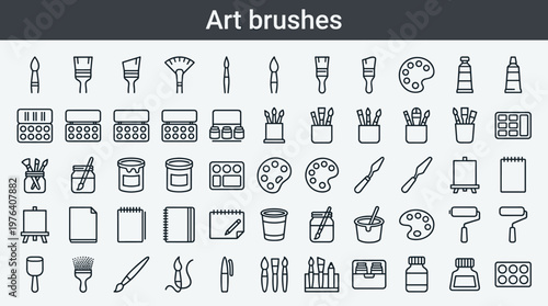 Art brushes line style icons, 40 distinct items including round brush, flat brush, angled brush, fan brush, detail brush,