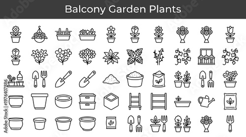 Outdoor balcony greenery featuring blooming container plants, suspended flower containers, rail mounted plant containers, window