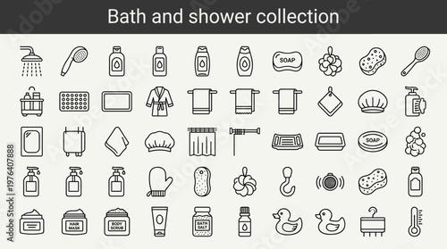 Bath and shower collection line style icons, 40 distinct items including showerhead, handheld shower, body wash bottle, shampoo