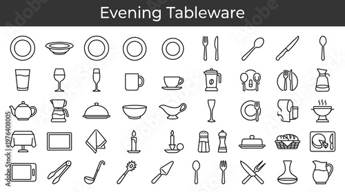 Evening dining essentials featuring main serving plates, deep serving bowls, eating utensils, pronged utensils, cutting utensils,