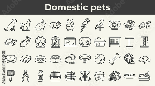 Domestic pets line style icons, 40 distinct items including dog, cat, rabbit, guinea pig, hamster, parrot, canary, goldfish, betta