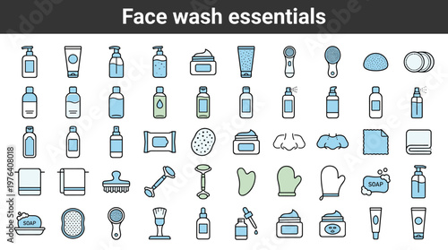 Face wash essentials line style icons, 40 distinct items including facial cleanser bottle, face wash tube, foaming cleanser, gel
