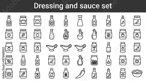 Dressing and sauce set line style icons, 40 distinct items including ketchup bottle, mustard jar, mayonnaise jar, barbecue sauce