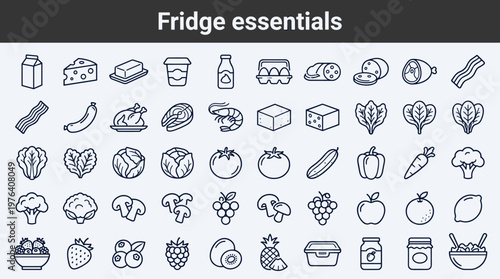 Fridge essentials line style icons, 40 distinct items including milk carton, cheese block, butter slab, yogurt cup, cream bottle,