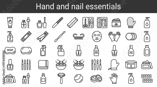 Hand and nail essentials line style icons, 40 distinct items including hand cream tube, cuticle oil, nail polish, nail file, nail