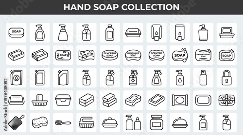 Hand soap collection line style icons, 40 distinct items including bar soap, liquid soap bottle, foaming soap dispenser, pump
