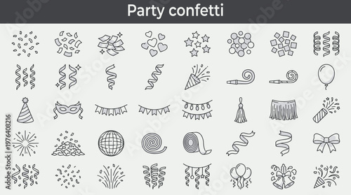 Party confetti line style icons, 40 distinct items including confetti pieces, paper confetti, metallic confetti, heart-shaped