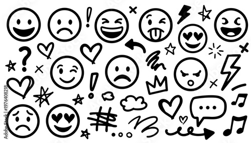 Hand drawn doodle emoji and reaction icons set, playful sketchy ink pen expressive symbols, vector illustrations